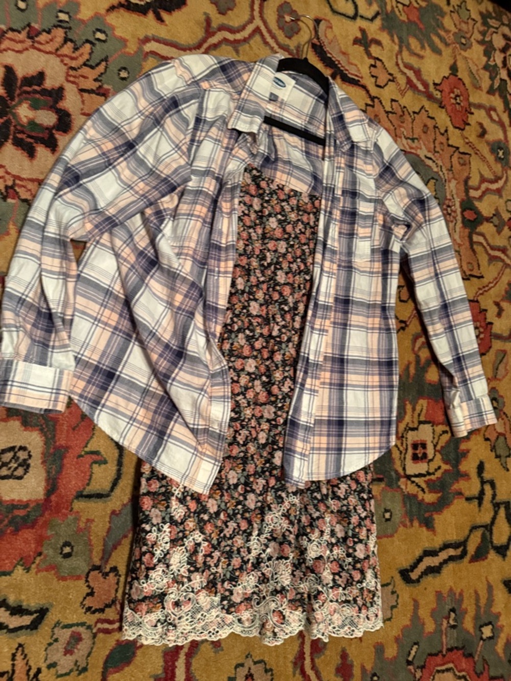 Old Navy Girls Pink and Blue Plaid Button-Down Shirt with Black Floral Dress